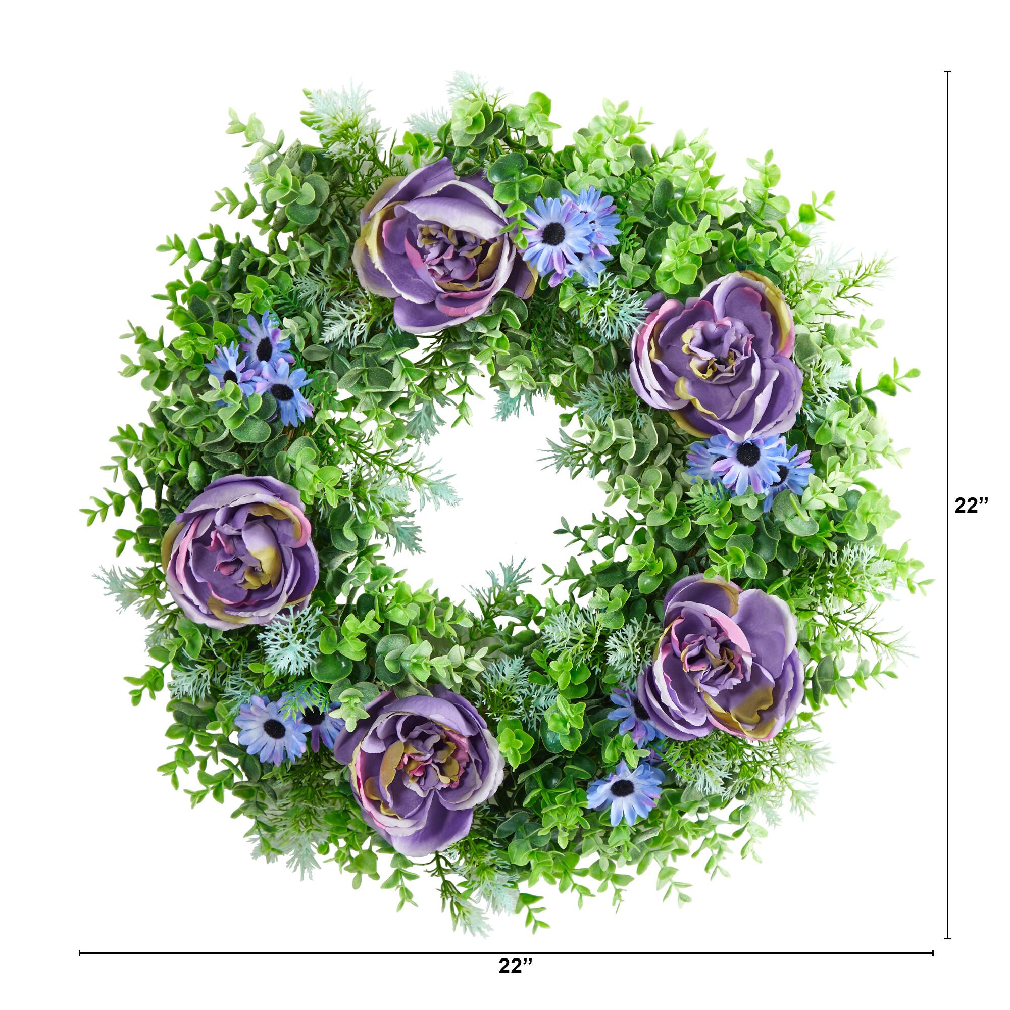 22" Purple Rose, Blue Daisy & Greens Wreath
